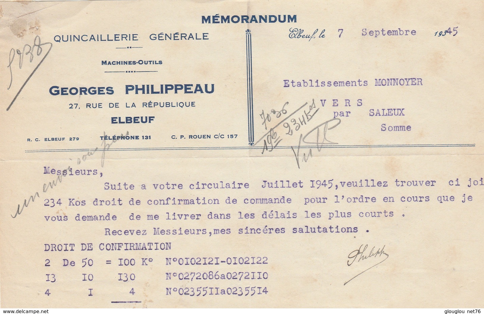 MEMORANDUM..QUINCAILLERIE GENERALE  GEROGES PHILIPPEAU A ELBEUF...1945...   DOS VIERGE - Droguerie & Parfumerie