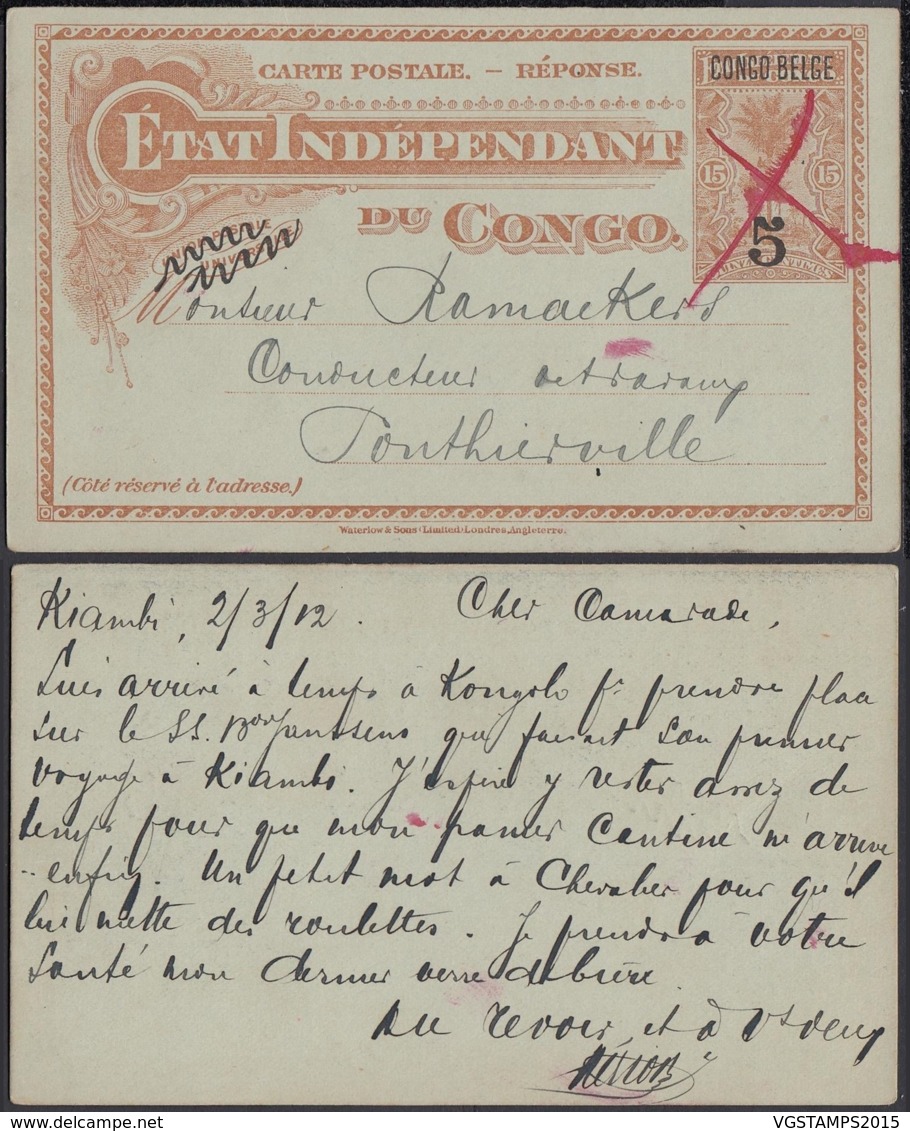 CONGO BELGE EP 15c SURC 5c DE KIAMBI 02/03/1912 ANNULE PLUME ROUGE (DD) DC-2038 - Lettres & Documents