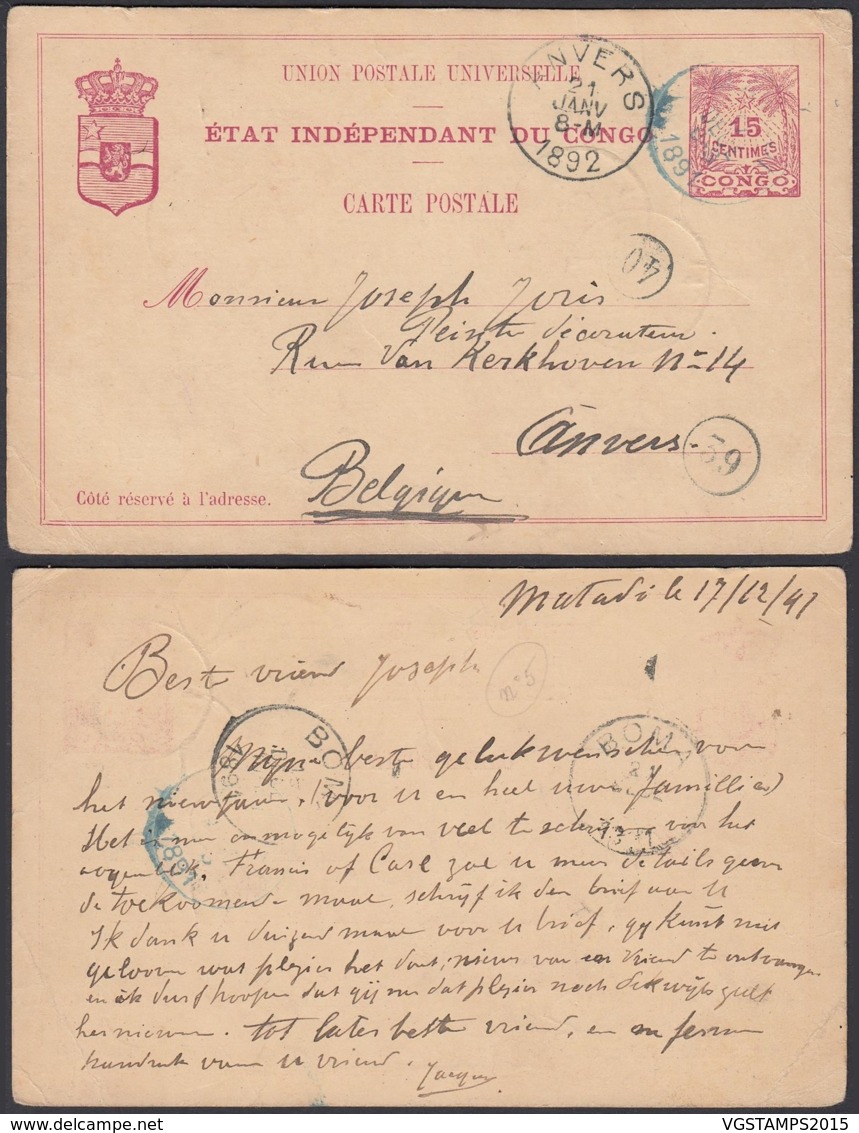 CONGO BELGE EP 15c DE MATADI 17/12/1891 VERS ANVERS (DD) DC-2040 - 1884-1894