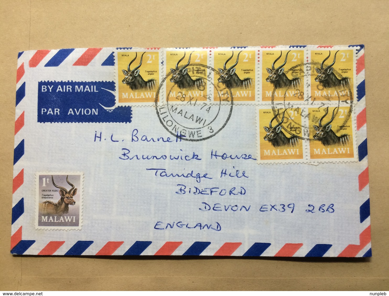 MALAWI 1974 Air Mail Cover Lilongwe To Devon England - Multi-stamped - Malawi (1964-...)