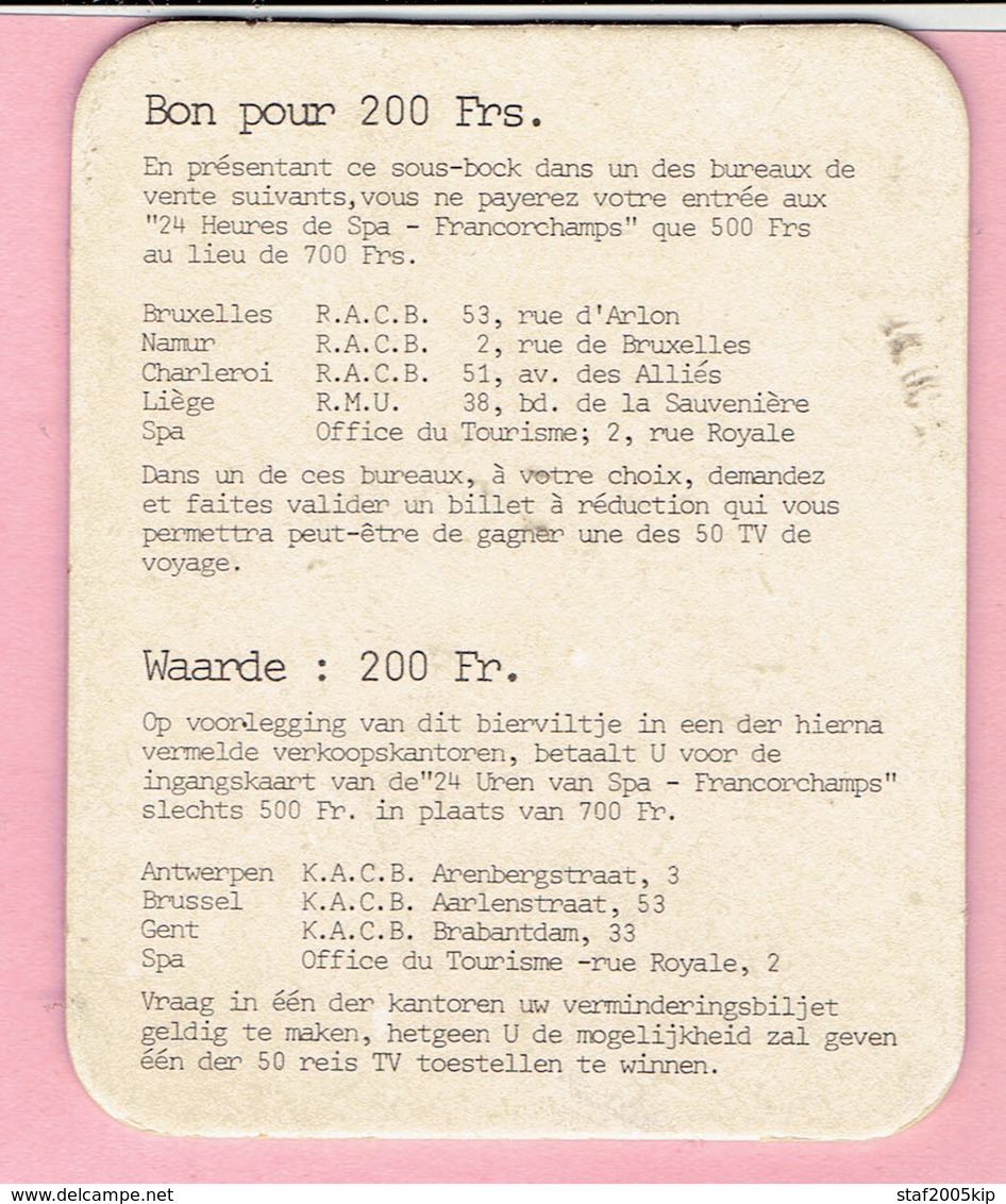 Bierviltje - STELLA ARTOIS - 24 H/U FRANCORCHAMPS - 1980 - Bierdeckel