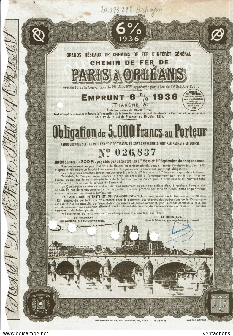 45-CHEMIN DE FER DE PARIS A ORLEANS. Obligation 5 000F 1936 DECO - Other & Unclassified