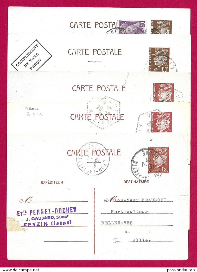 Cinq Entiers Postaux "Pétain" - Courriers Destinés à Un Horticulteur De Bellenaves Dans L'Allier - WW II