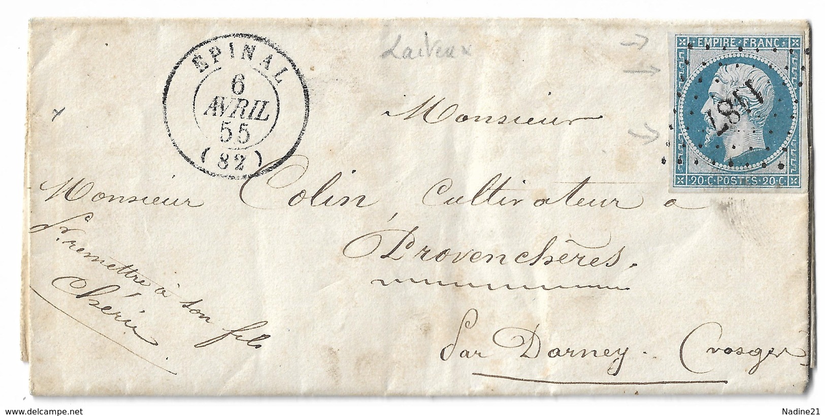 014. LAC Timbre N°14 Bleu Laiteux - Càd Epinal (VOSGES) - 1855 - 1849-1876: Période Classique