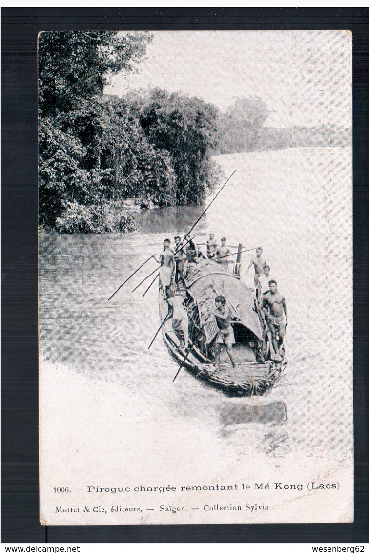 INDOCHINA Laos Pirogue Chargée Remontant Le Mé Kong Ca 1910 OLD POSTCARD - Laos