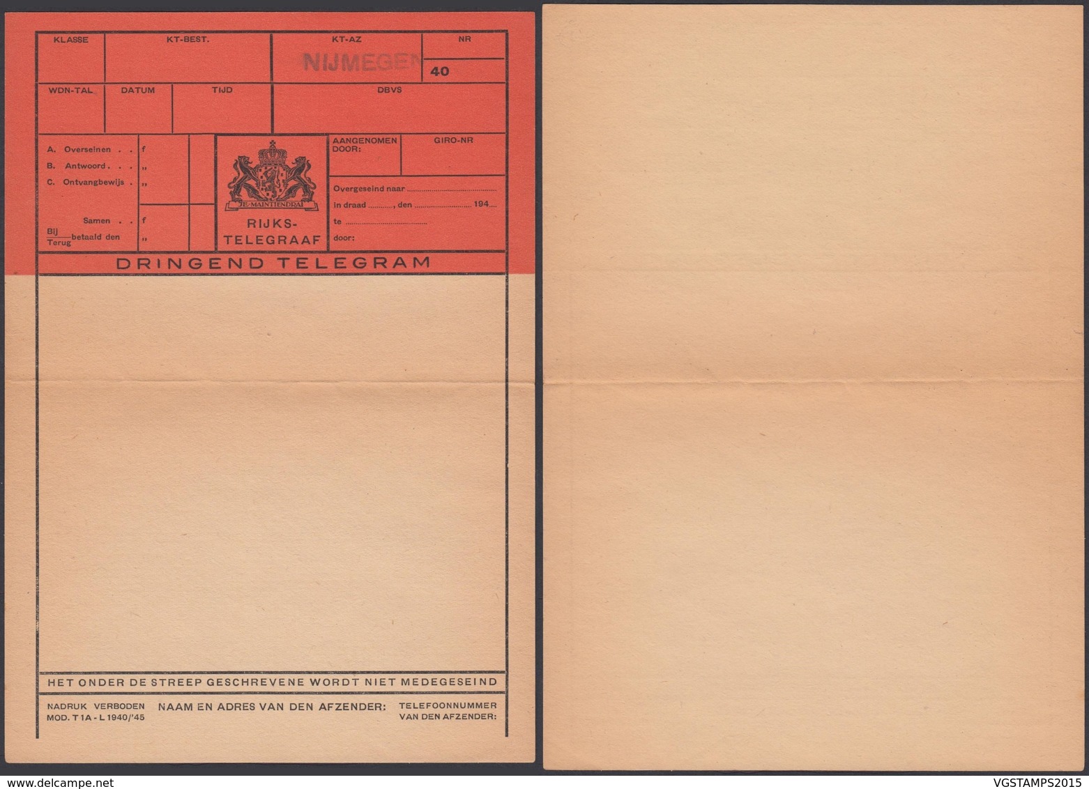 Pays-Bas 1940 - Dépêche Télégraphique Neuve (6G) DC1903 - Télégraphes