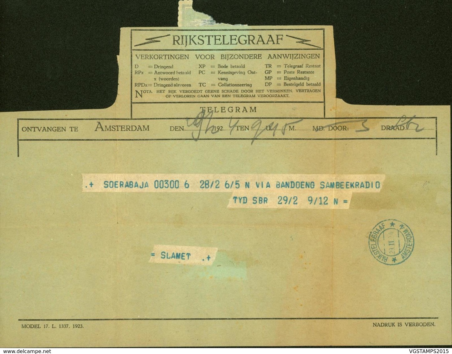 Pays-Bas 1924 - Télégramme  (6G) DC1908 - Telegraphenmarken