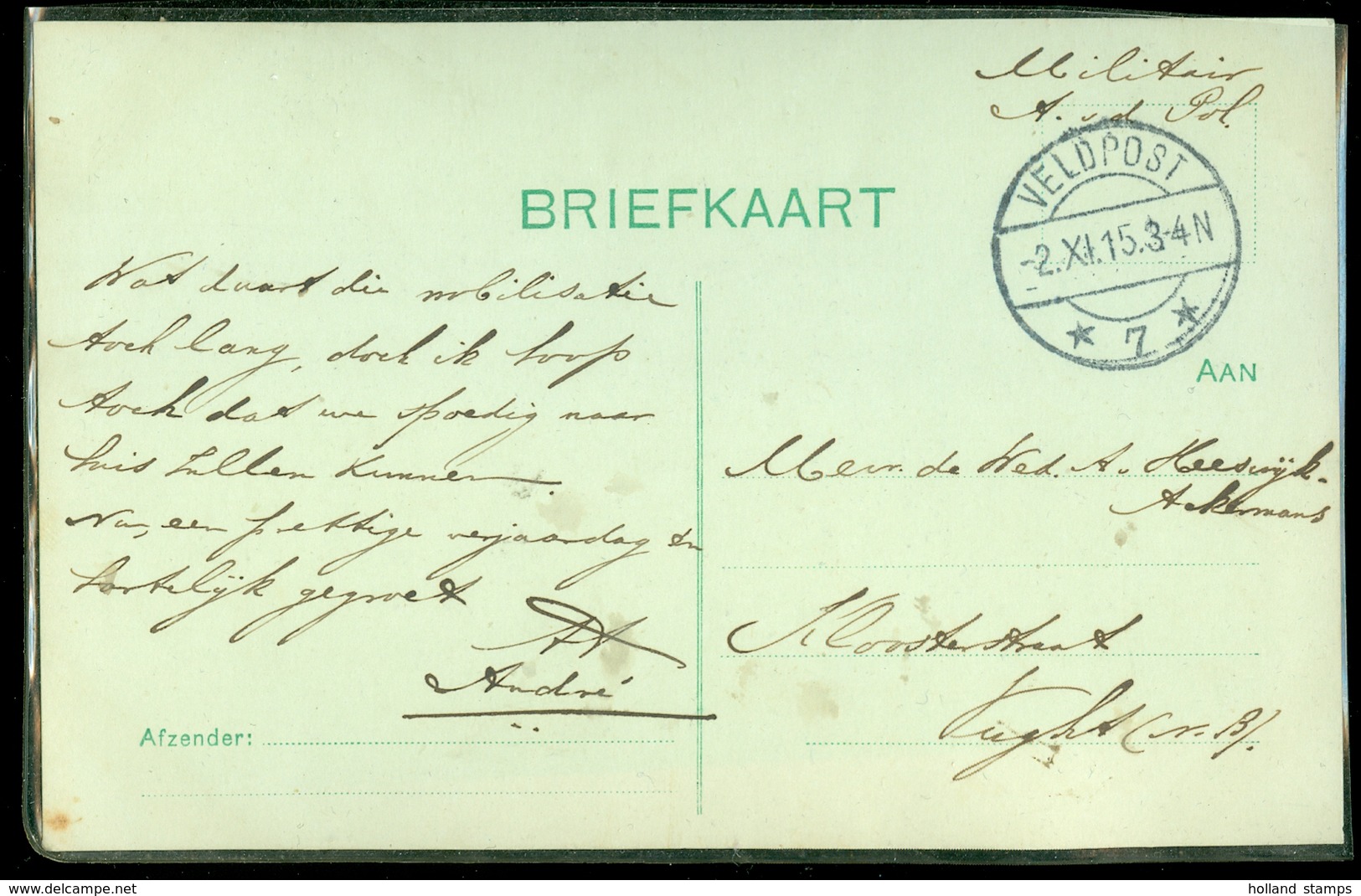 VELDPOST HANDGESCHREVEN BRIEFKAART MILITAIR Gelopen In 1915 Van WILLEMSTAD Naar VUGHT  (11.508n) - Brieven En Documenten