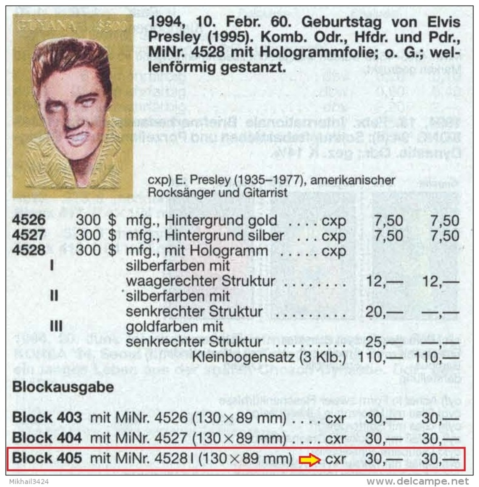 M3199 Art Music Cinema Cars Elvis Presley Hologram 1994 Guyana S/s MNH ** Imperf Imp 30ME - Elvis Presley