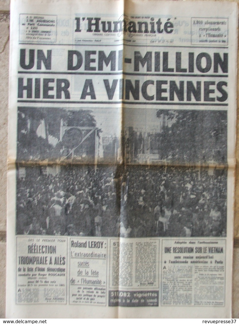 Journal L'Humanité (11 Sept 1967) Fête De L'Huma - Juliette Gréco Et Guy Béart - 1950 - Today