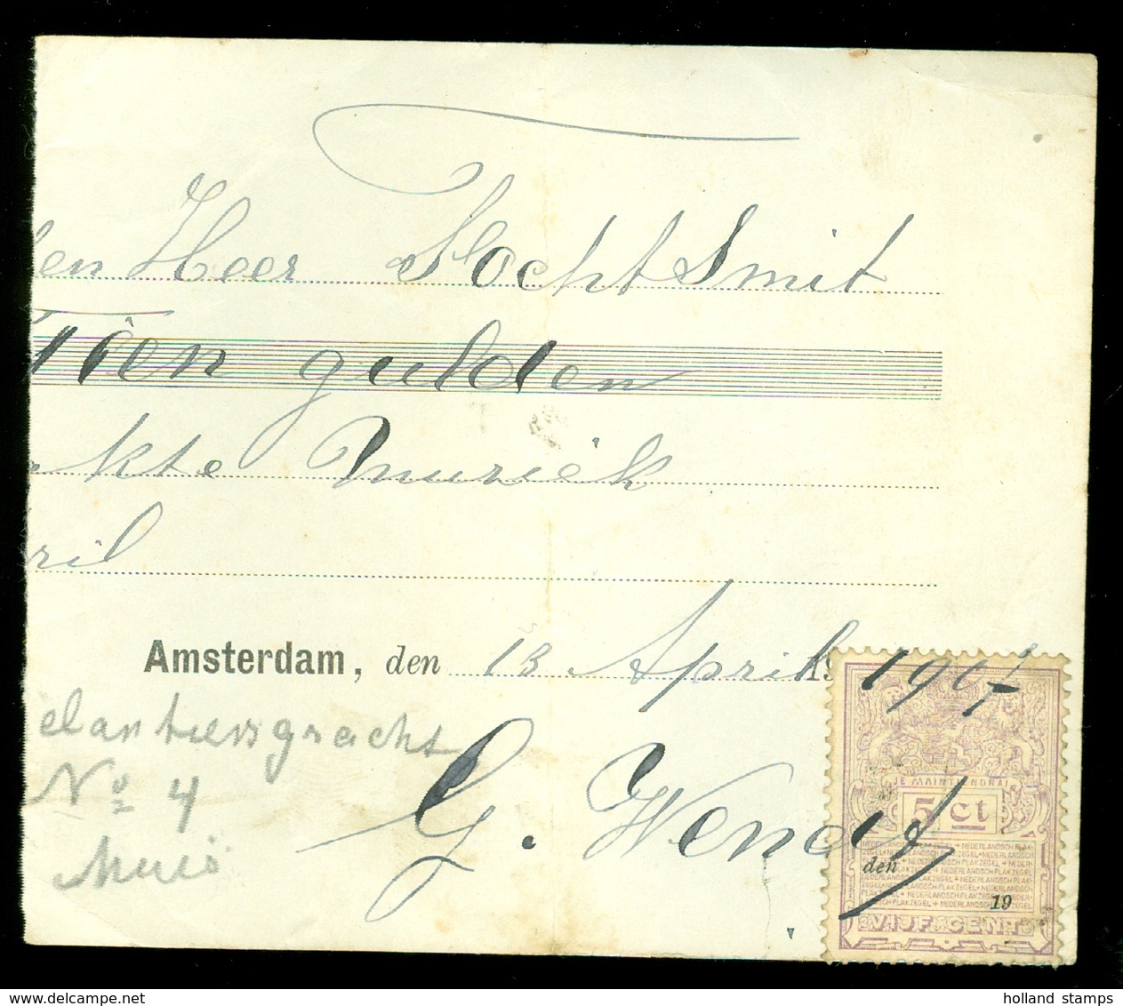KWITANTIE METBELASTINGZEGEL 5 CENT Uit 1907 EGELANTIERSGRACHT 4 TE AMSTERDAM (11.508r) - Revenue Stamps