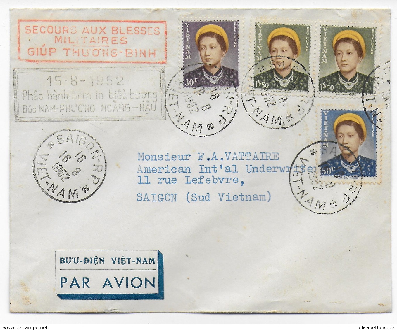 VIETNAM - 1952 - ENVELOPPE SECOURS AUX BLESSES MILITAIRES à SAÏGON - SERIE IMPERATRICE - Vietnam