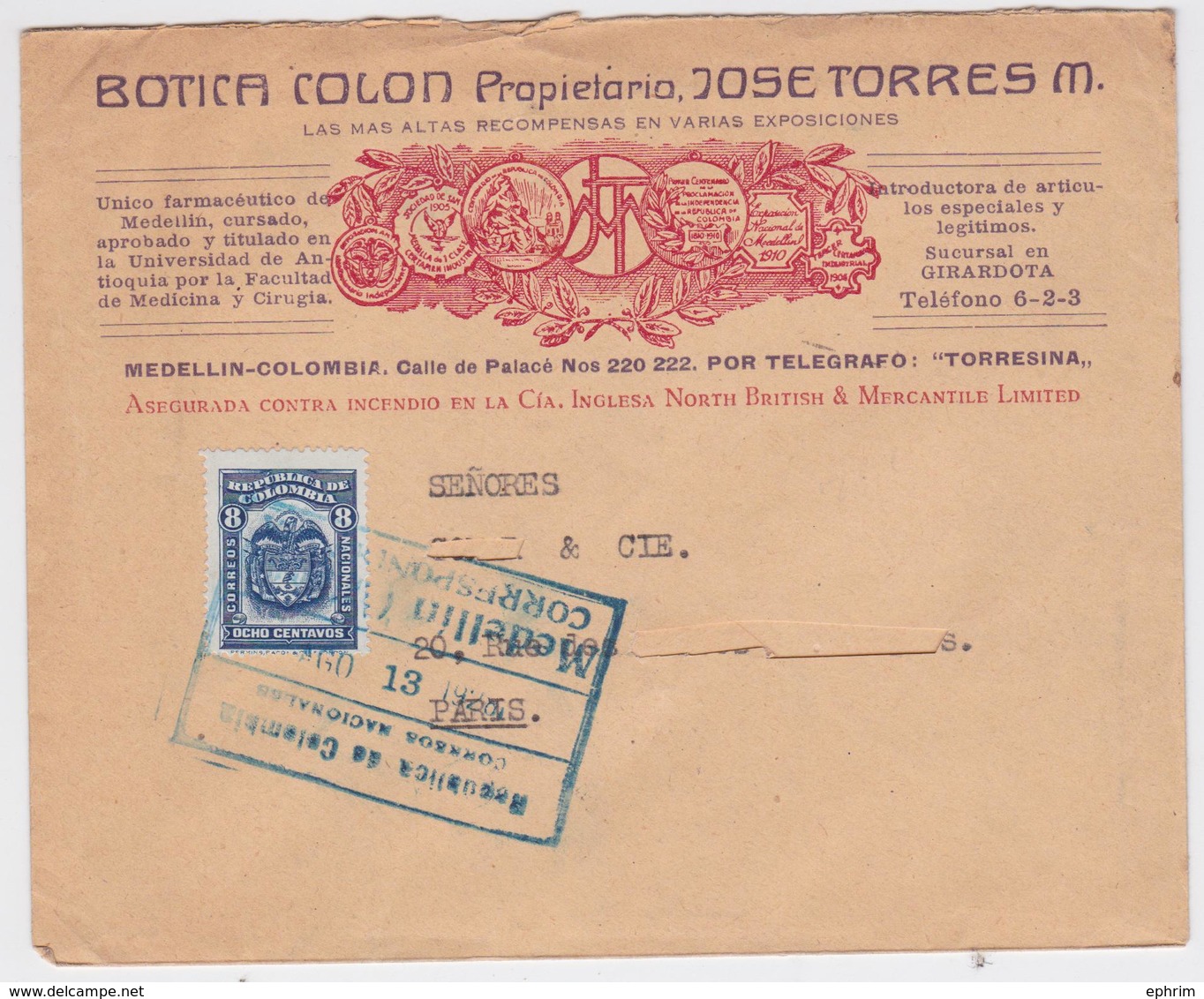 LETTRE COLOMBIE EN-TÊTE BOTICA COLON JOSE TORRES MEDELLIN COLOMBIA MAIL COVER TO PARIS 1928 - Colombia