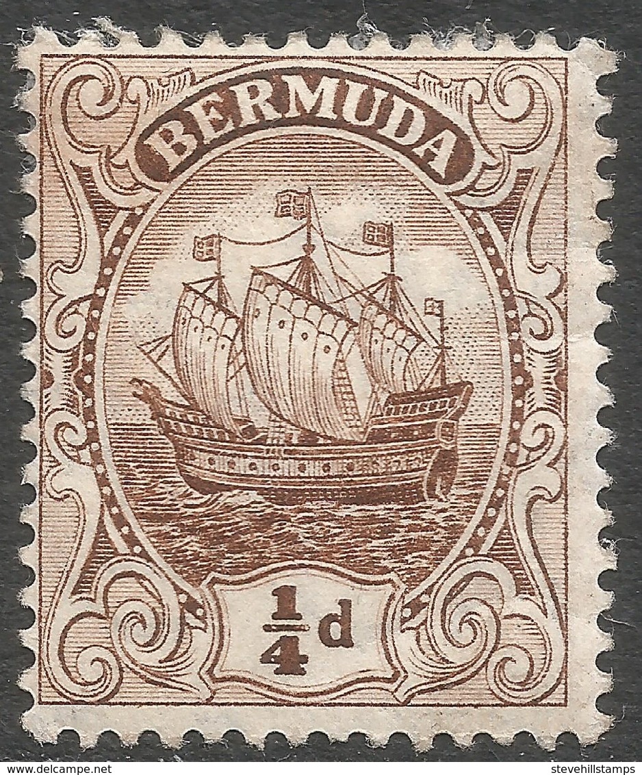 Bermuda. 1910-25 Ship.  ¼d MH. Pale Brown. Mult Crown CA W/M SG 44a - Bermuda