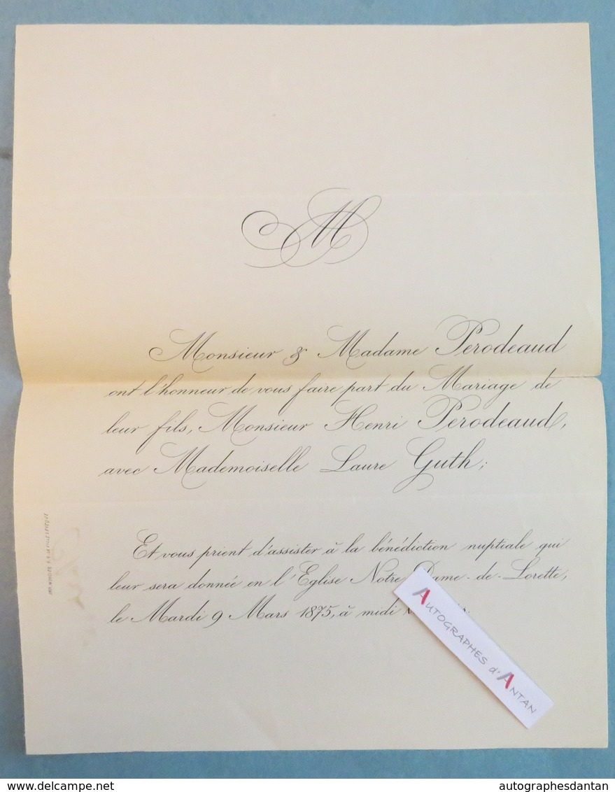 1875 Faire Part Mariage PERODEAUD & GUTH - Notre Dame De Lorette - Paris - Mariage