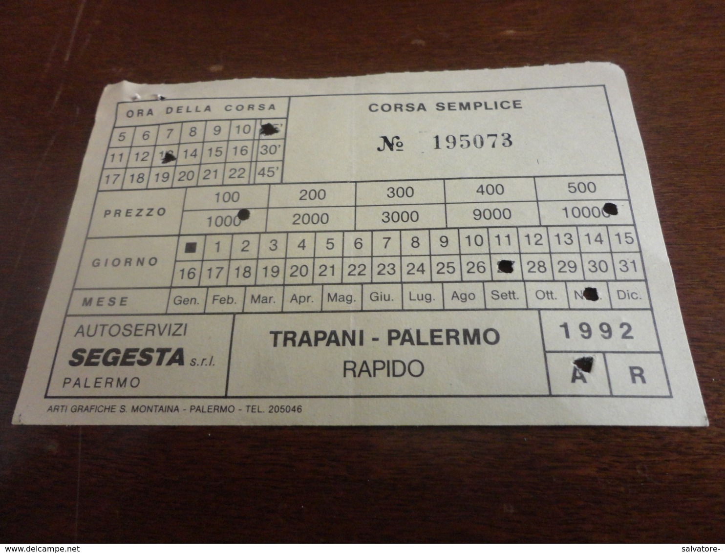 BIGLIETTO  AUTOBUS TRAPANI-PALERMO RAPIDO-AUTOLINEE SEGESTA-1992 - Europe