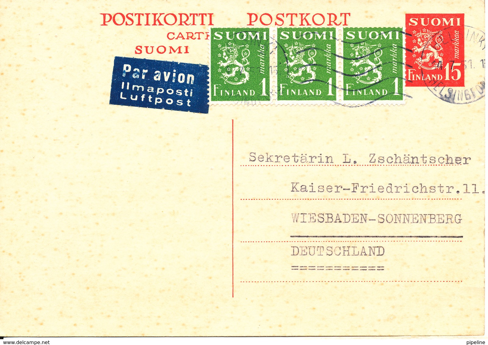 Finland Uprated Postal Stationery Postcard Sent To Germany 14-7-1951 - Enteros Postales