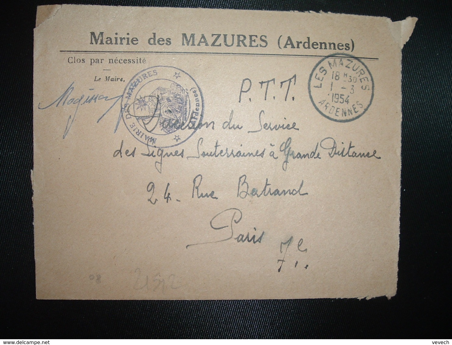LETTRE MAIRIE OBL.1-3 1954 LES MAZURES ARDENNES (08) - Autres & Non Classés