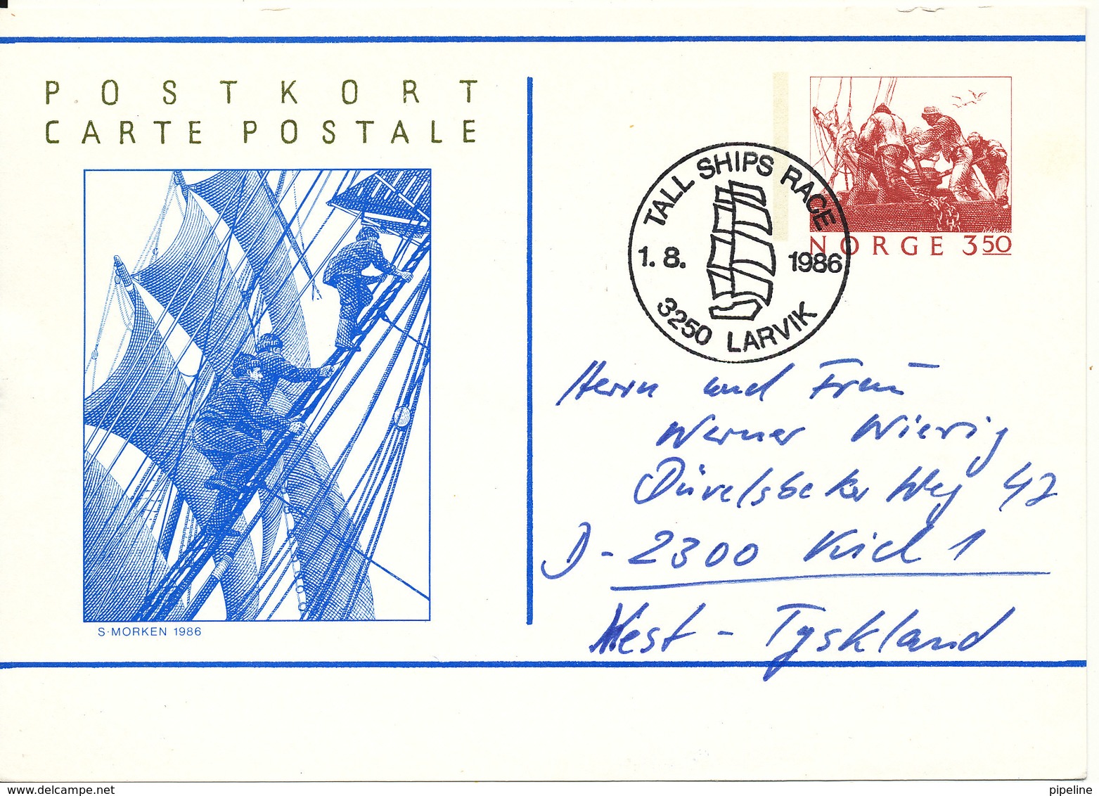 Norway Postal Stationery Postcard Sent To Germany Tall Ships Race Larvik 1-8-1986 - Postwaardestukken