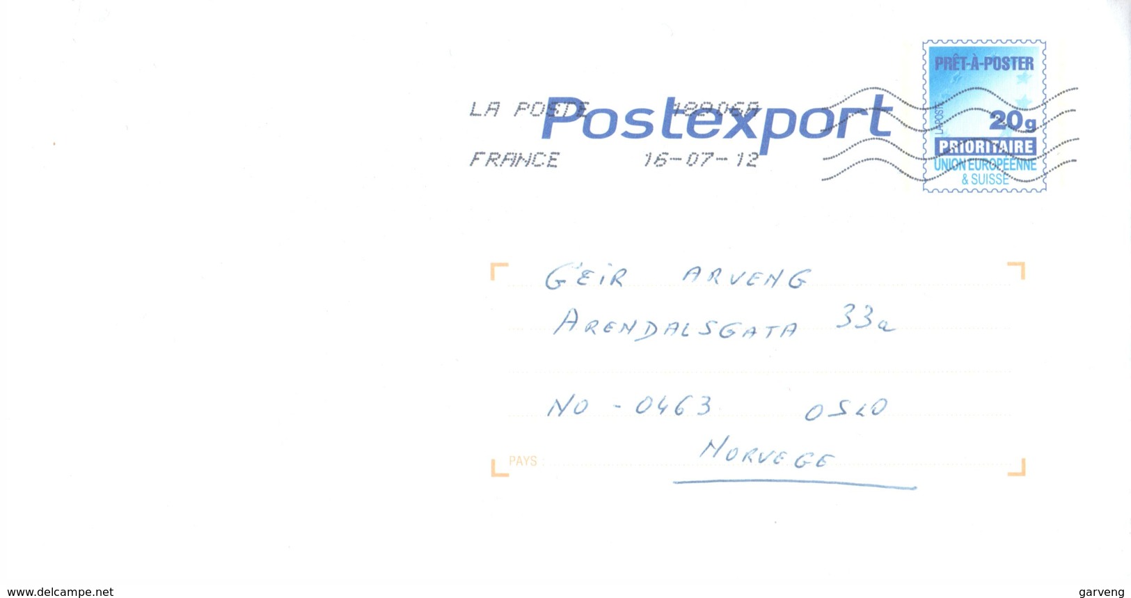 France/Frankreich: PAP Postexport UE & Suisse Utilisé Pour La Norvège 16.07.12 - Prêts-à-poster:  Autres (1995-...)