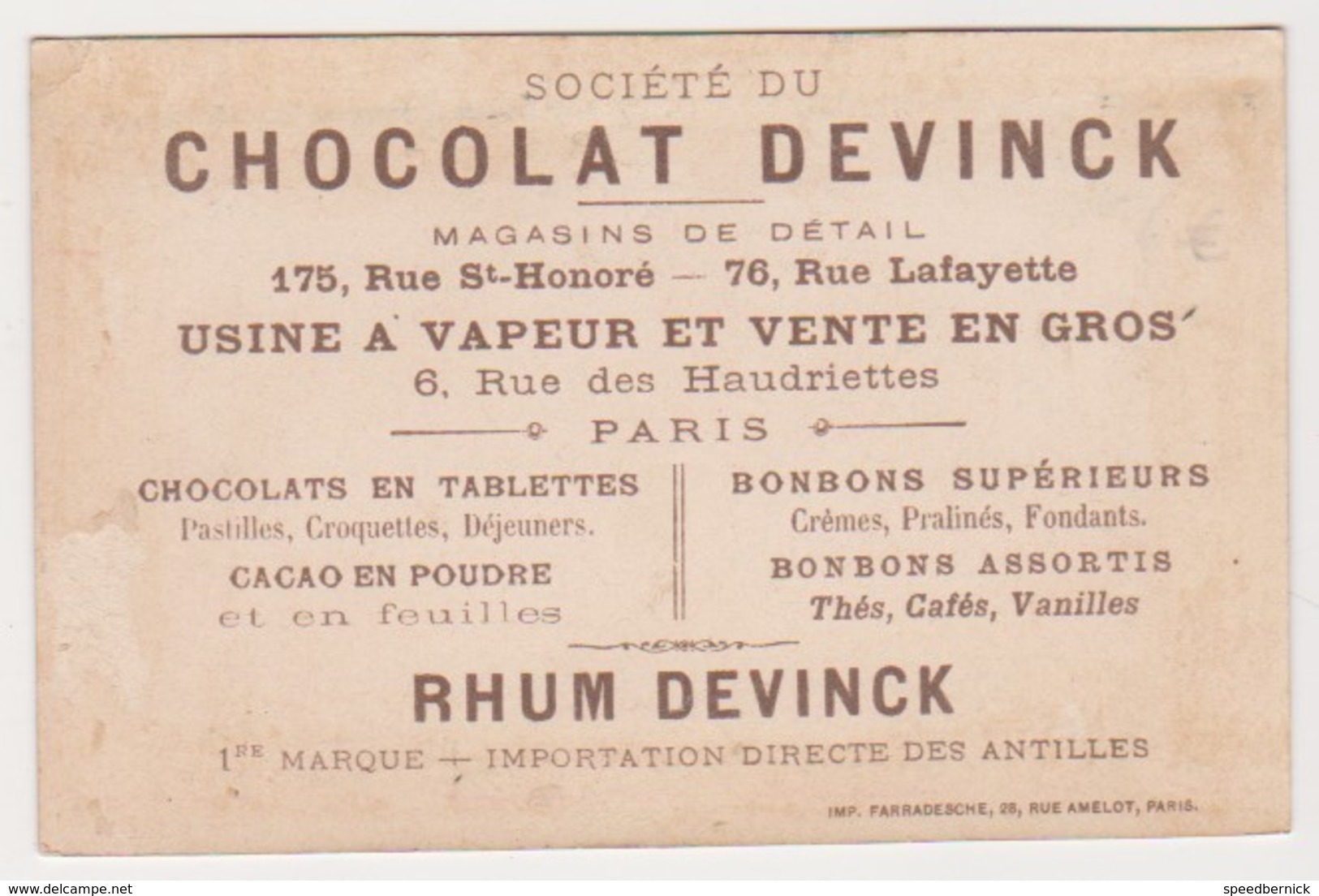 20810 Chromo Chocolat Bonbons Rhum Antilles DEVINCK Paris -imp Farradesche Moa Anglais Shelling Mode - Autres & Non Classés