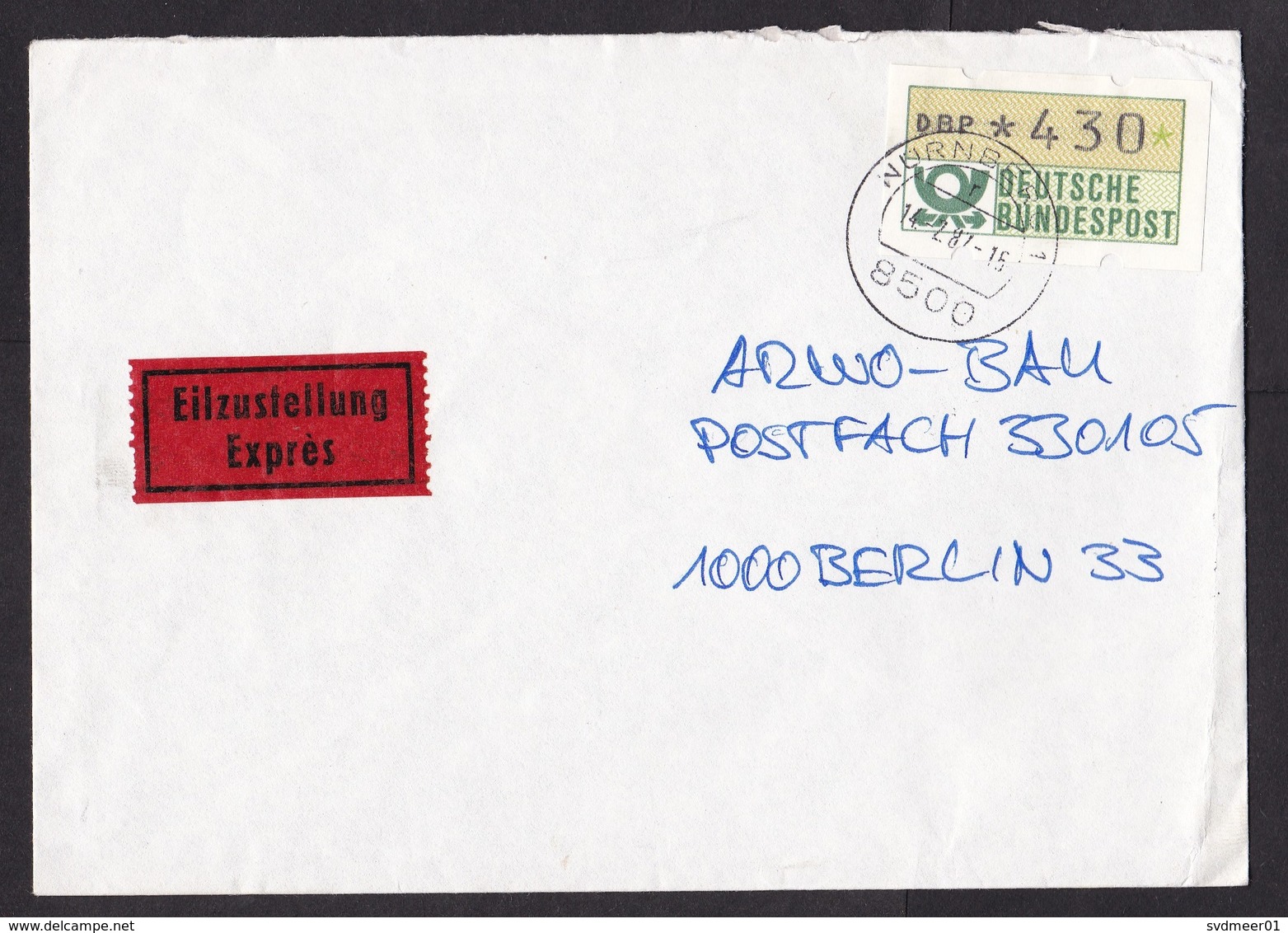 Germany: Express Cover, 1987, ATM Machine Label, High Value *430, Expres Label (minor Damage) - Brieven En Documenten