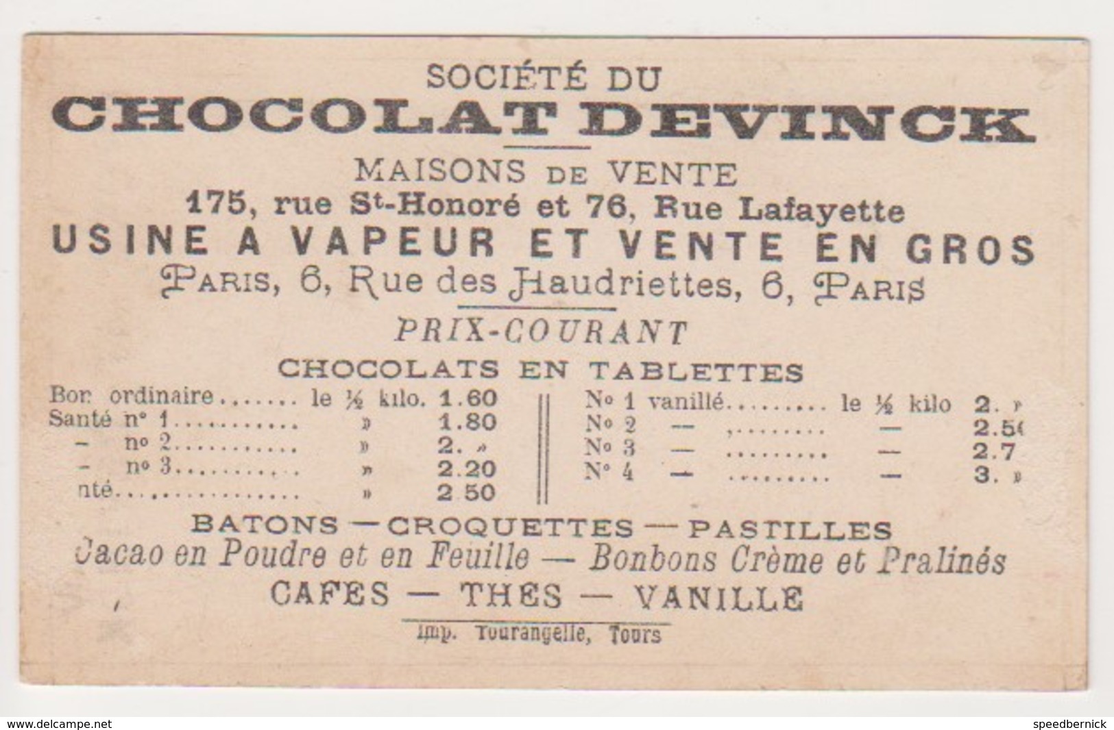 20811 Chromo Chocolat Bonbons  DEVINCK Paris -imp Tourangelle Tours -garde Chasse Lapin Fermiere - Autres & Non Classés