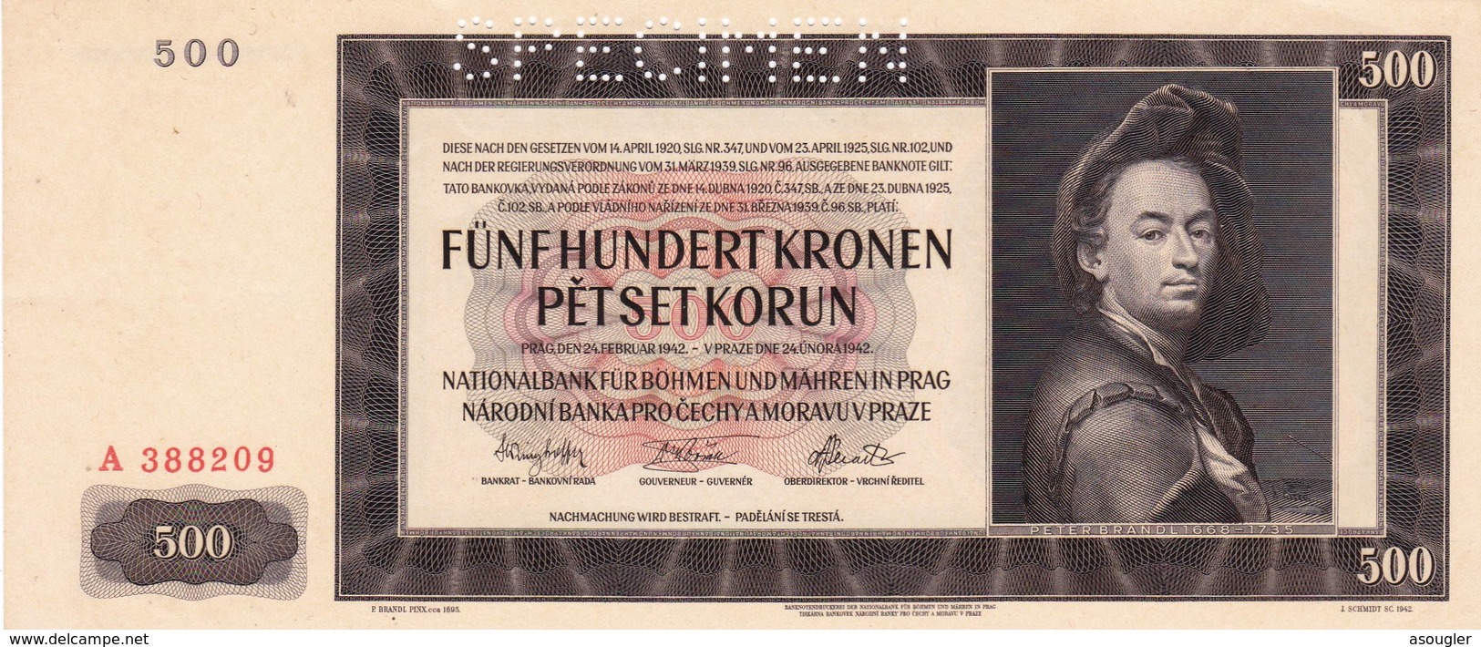 BOHEMIA And MORAVIA 500 KORUN (KRONEN) 1942 SPECIMEN UNC SERIES A  P-11s "free Shipping Via Registered Air Mail" - Autres - Europe