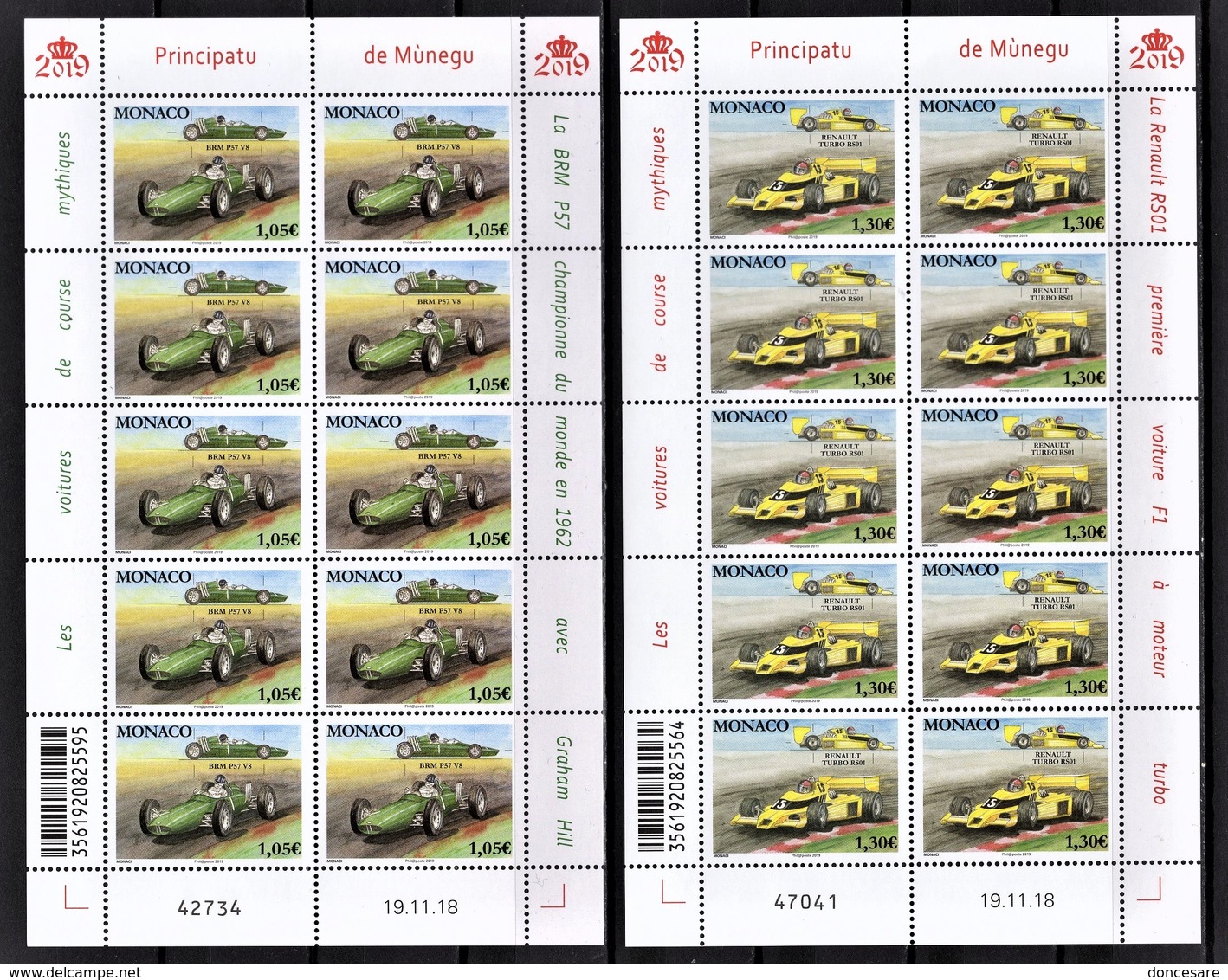 MONACO 2019 / SERIE 2 FEUILLES DE 10 TP  - LES VOITURES DE COURSE MYTHIQUES- NEUFS ** - Blocks & Kleinbögen