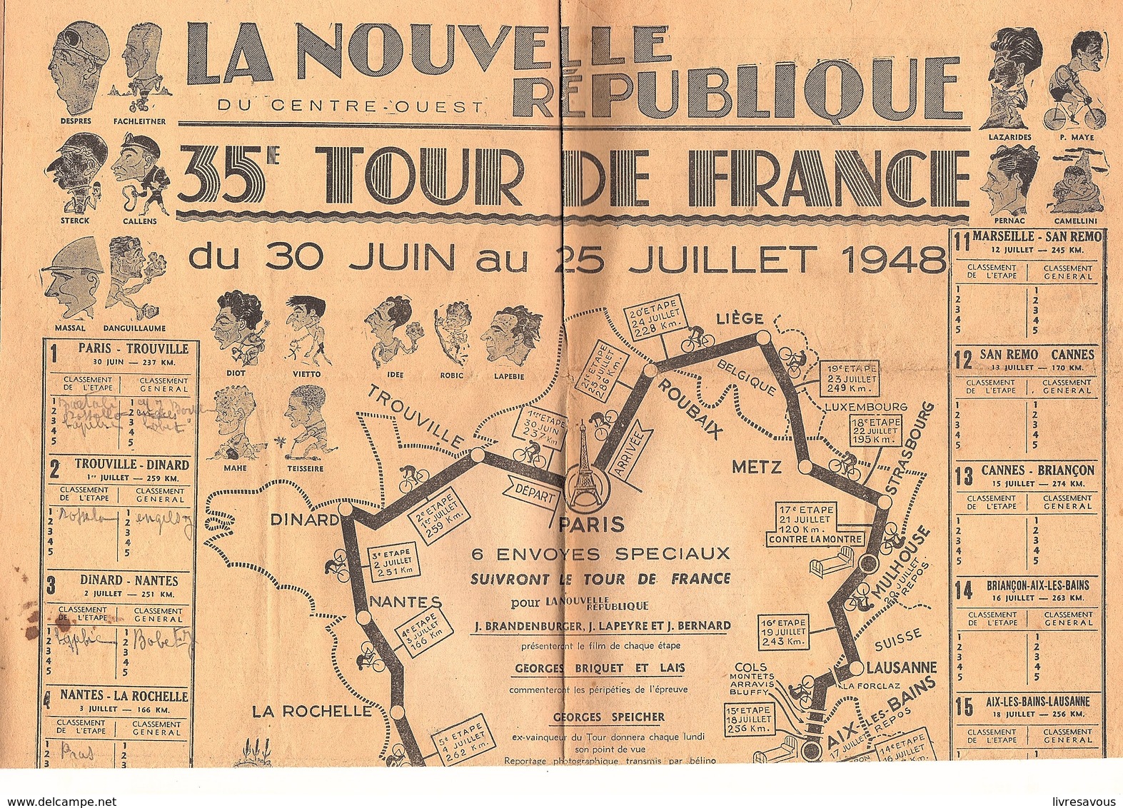 Cyclisme Carte Du 35 ème Tour De France Du 30 Juin Au 25 Juillet 1948 Avec Caricatures Des Coureurs - Autres & Non Classés
