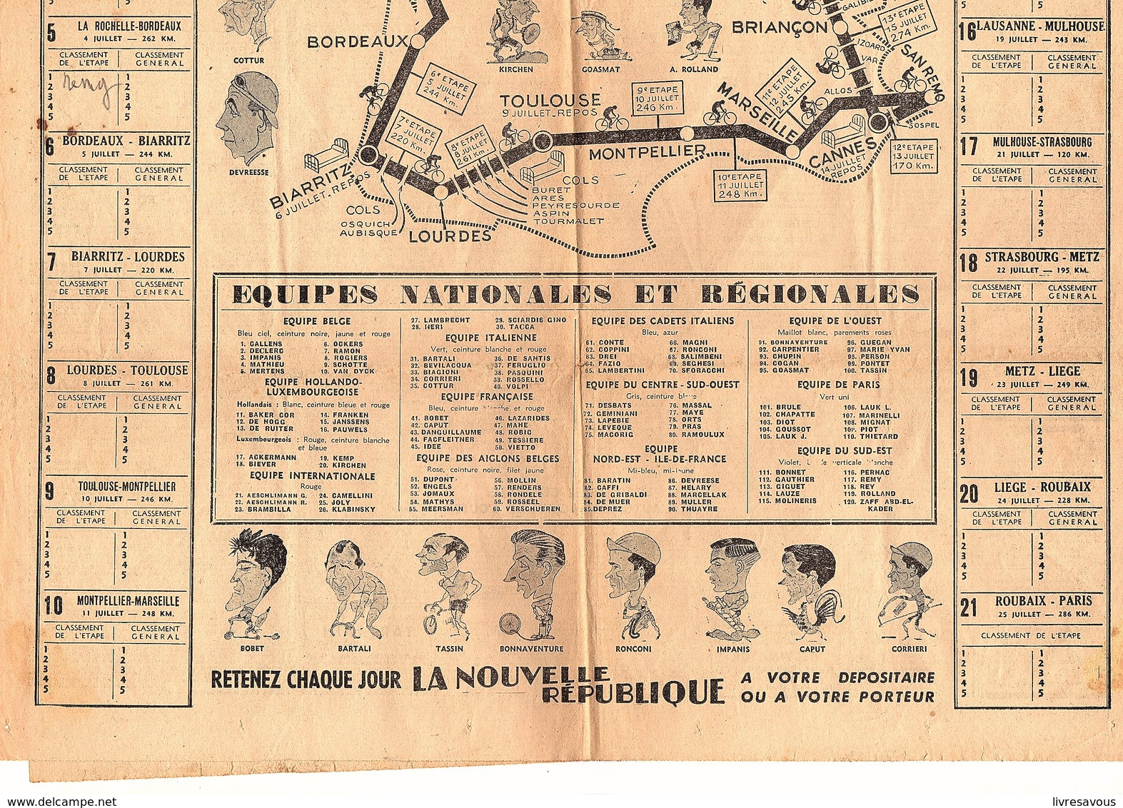 Cyclisme Carte Du 35 ème Tour De France Du 30 Juin Au 25 Juillet 1948 Avec Caricatures Des Coureurs - Autres & Non Classés