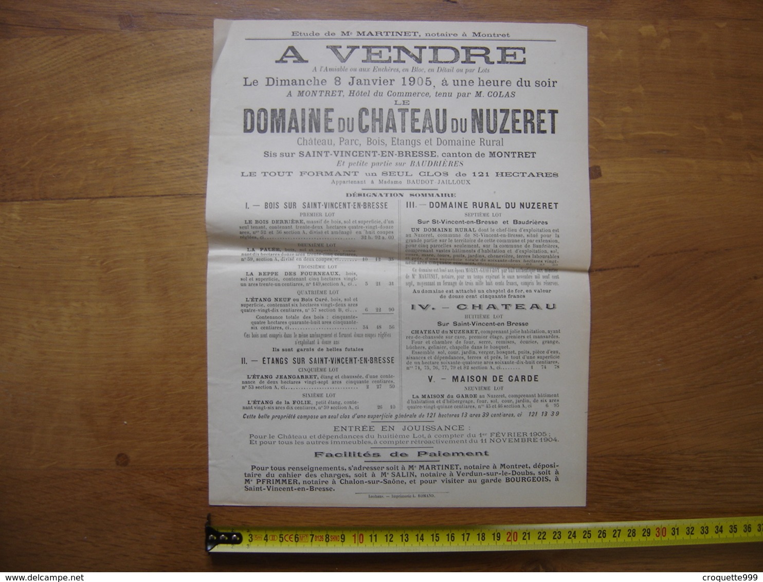 Ancienne Affiche 1905 Vente Mobiliere CHATEAU Du NUZERET A St Vincent En Bresse - Posters