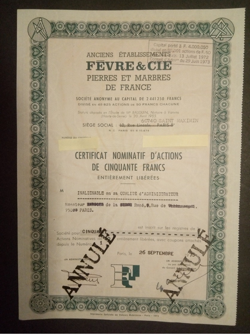 1 Ets FEVRE & CIE Pierresb Et Marbres De France Action (Annulé) 1975 - Altri & Non Classificati
