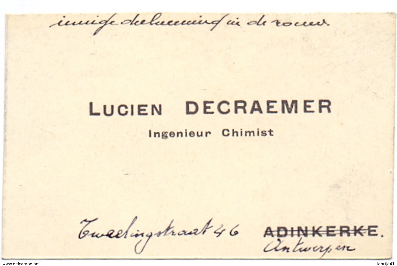 Visitekaartje - Carte Visite - Ingenieur Chimist Lucien Decraemer - Adinkerke - Antwerpen - Cartes De Visite