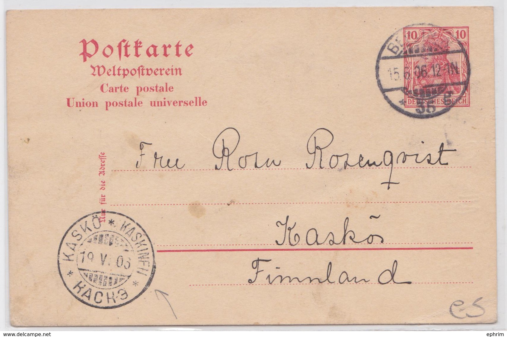 BERLIN POSTKARTE FÜR KASKÖ KASKINEN SUOMI FINLAND FINLANDE CARTE POSTALE ADMINISTRATION RUSSE ENTIER POSTAL 15.06.1906 - Lettres & Documents