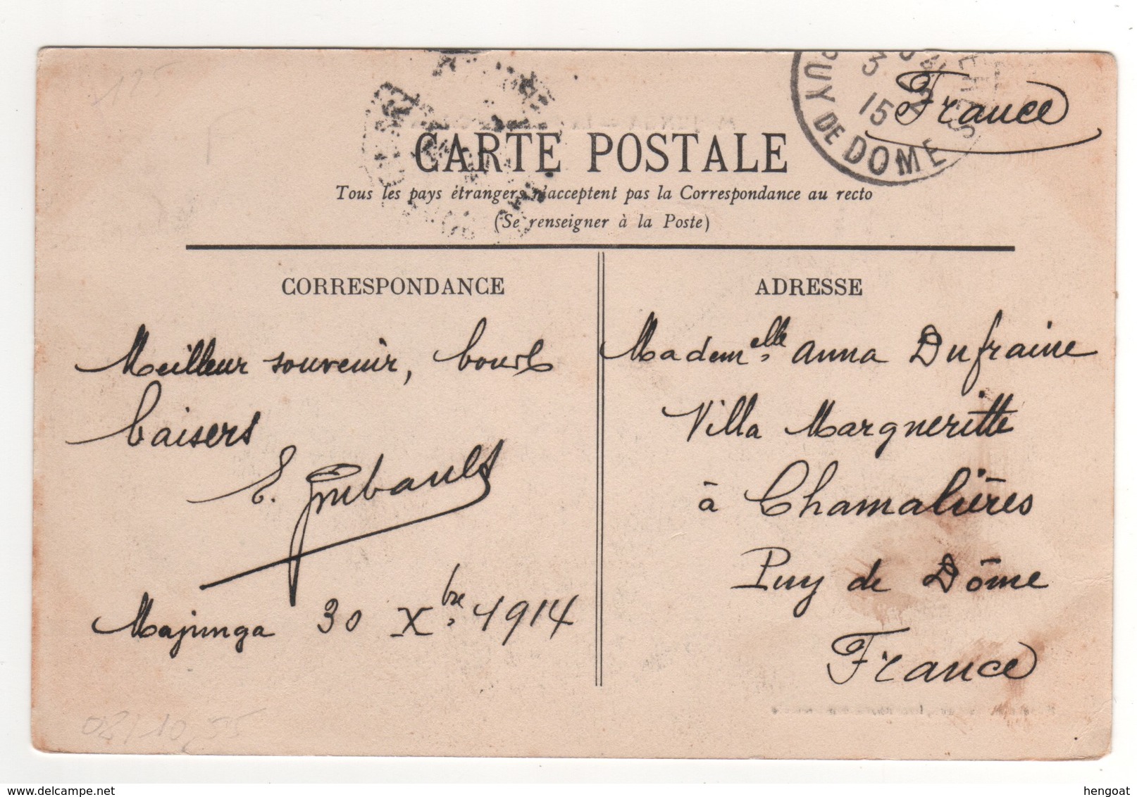 Timbre , Stamp   Yvert N° 21 Sur Cp , Carte , Postcard  Du 30/12/1914 Postée à Majunga , Madagascar - Brieven En Documenten