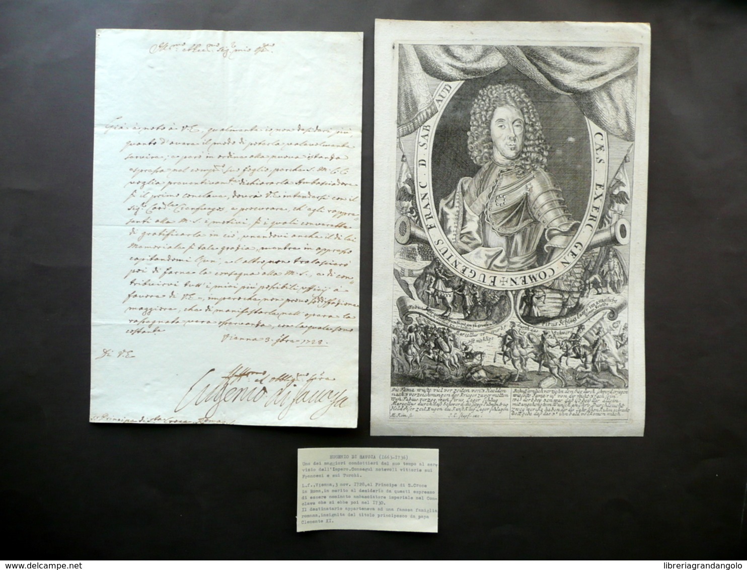 Autografo Eugenio Di Savoia Lettera Firmata Vienna 3/11/1728 Principe S. Croce - Autres & Non Classés