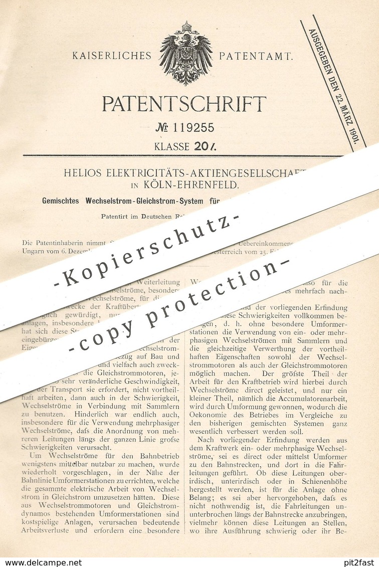 Original Patent - Helios Elektrizitäts- AG , Köln / Ehrenfeld , 1897 , Wechselstrom - Gleichstrom System Für Straßenbahn - Historische Dokumente