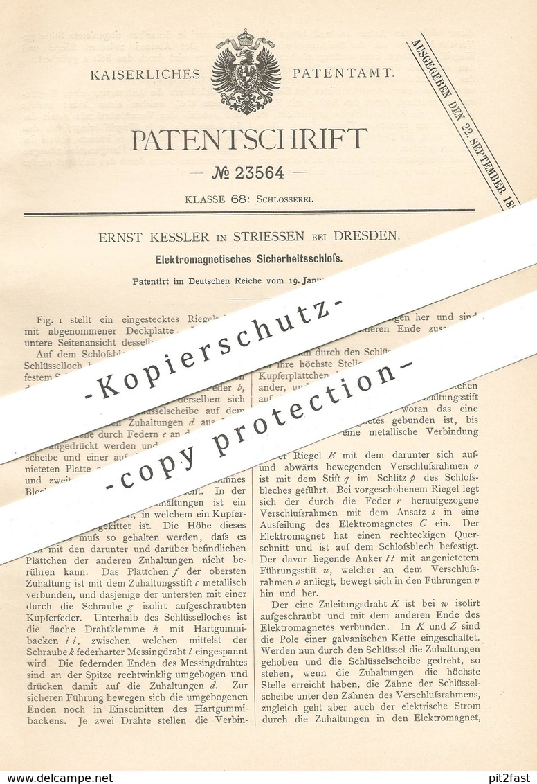 Original Patent - Ernst Kessler , Dresden / Striessen , 1883 , Elektromagnetisches Türschloss | Schloss , Schlosser !!! - Historische Dokumente