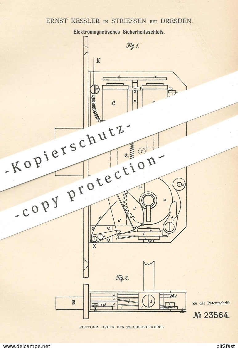 Original Patent - Ernst Kessler , Dresden / Striessen , 1883 , Elektromagnetisches Türschloss | Schloss , Schlosser !!! - Historische Dokumente