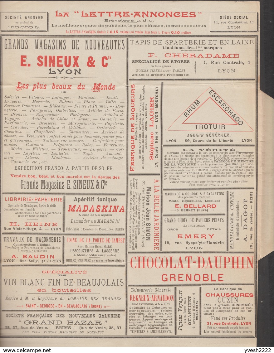 France 1887. Enveloppe-lettre Annonces. Pigeon Voyageur Ortolan Vélodrome, Vin, Photo 1/40 Seconde, Plante Médicinale - Tauben & Flughühner