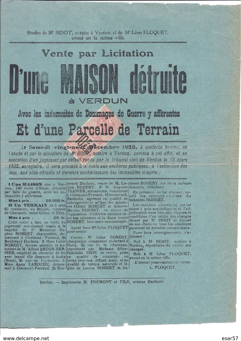 AFFICHE ENTIERE DE VENTE DE MAISON DETRUITE ET TERRAIN A VERDUN MEUSE - Altri & Non Classificati