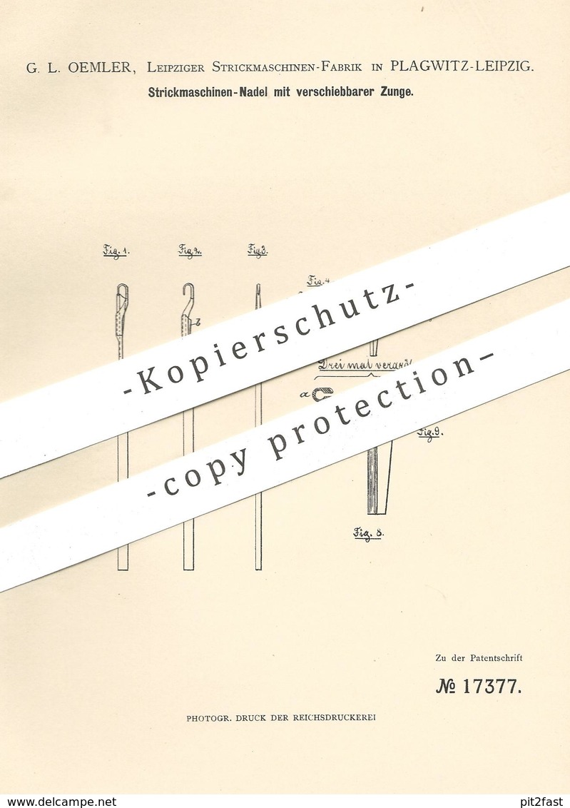 Original Patent - G. L. Oemler , Leipziger Strickmaschinen Fabrik , Leipzig / Plagwitz , 1880 , Strickmaschinen - Nadel - Historische Dokumente