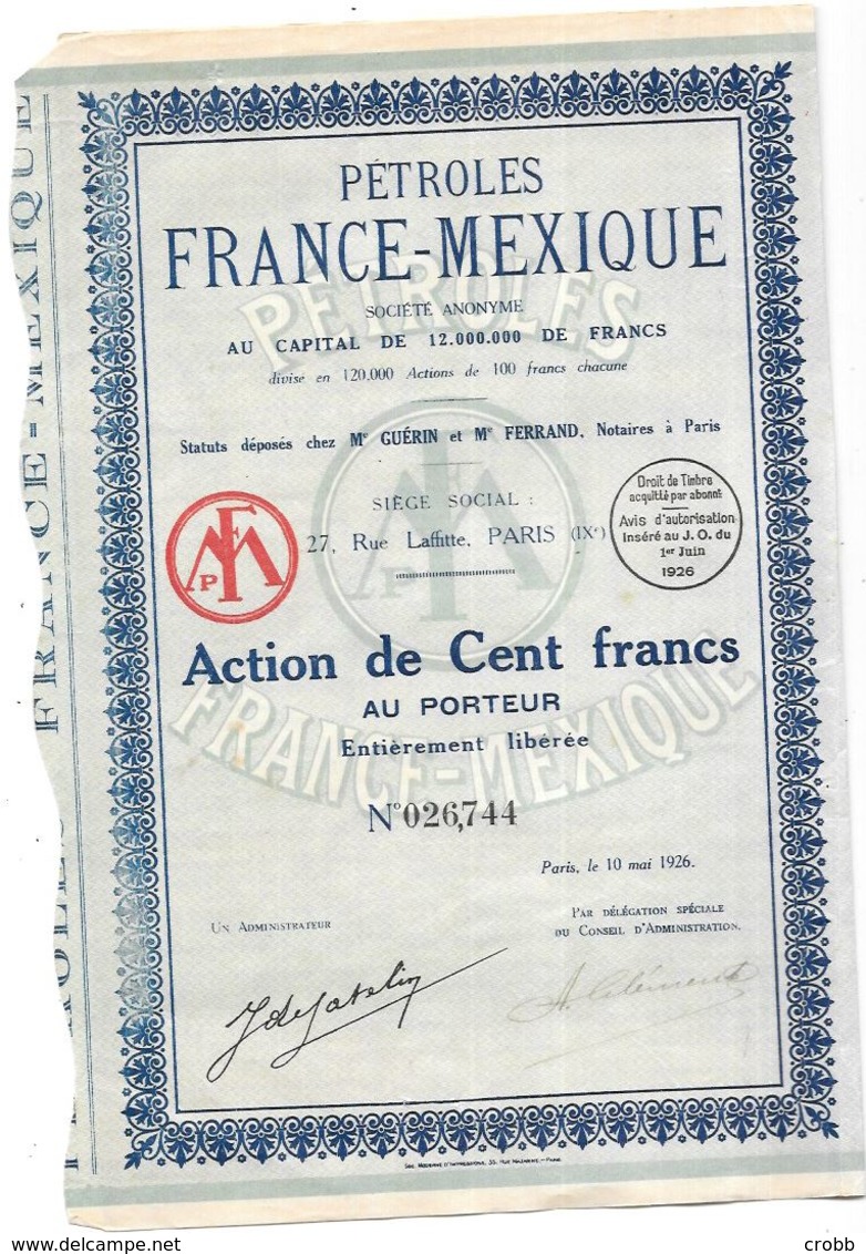 Action PETROLES FRANCE-MEXIQUE, Action De Cent Francs, 1926 - D - F