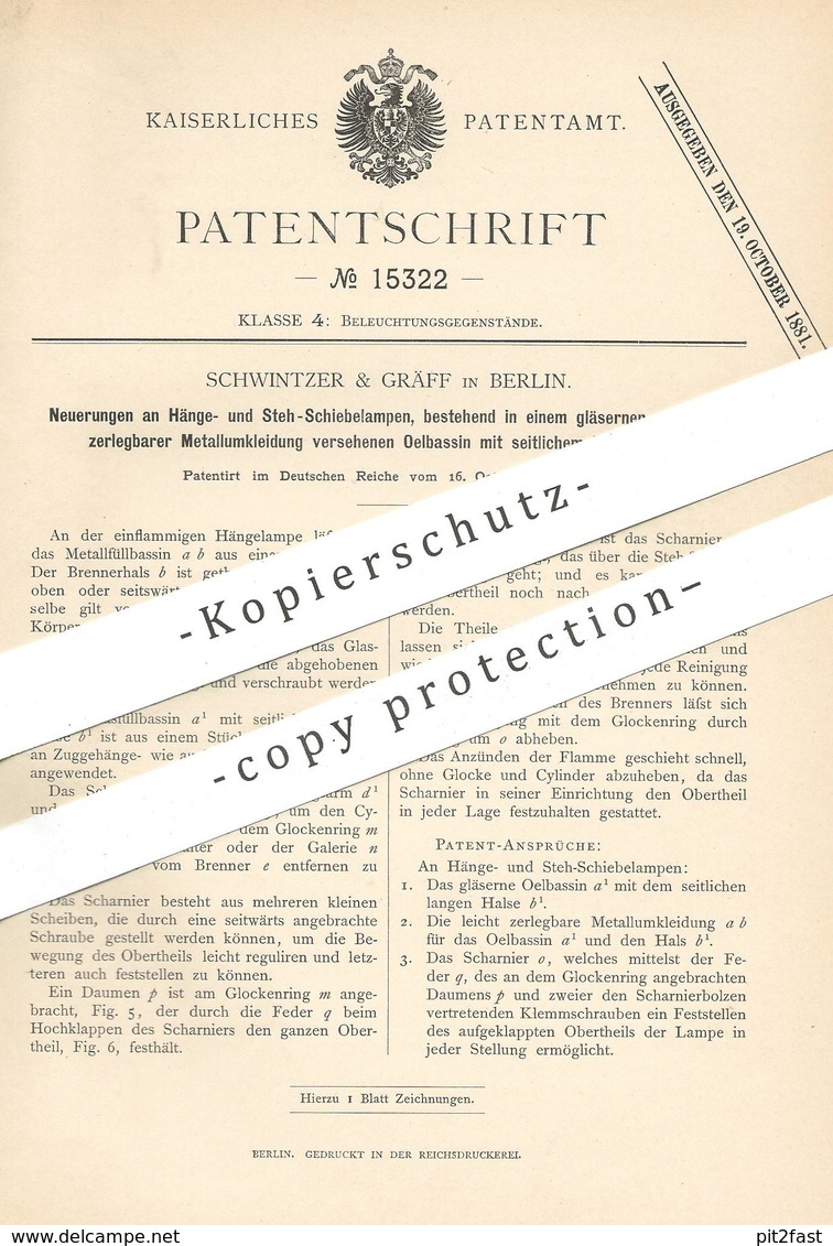 Original Patent - Schwintzer & Gräff , Berlin , 1880 , Öllampe , Hängelampe , Stehlampe | Brenner , Lampe , Licht !!! - Documentos Históricos