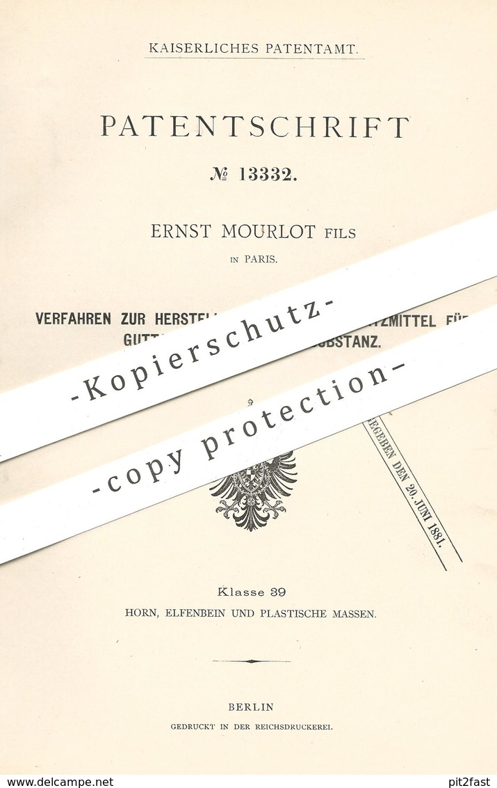 Original Patent - Ernst Mourlot Fils In Paris , Frankreich , 1880 , Ersatzmittel Für Guttapercha | Rinde , Kautschuk !! - Historische Dokumente