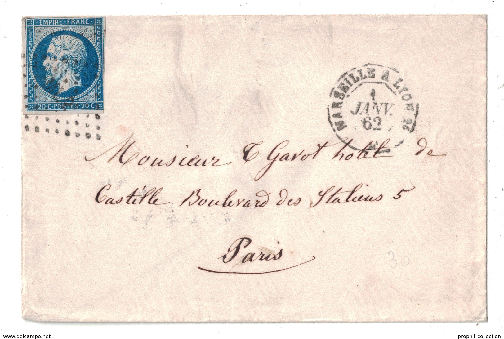 1862 - OBLITÉRATION AMBULANT ML 2° Sur NAPOLÉON N° 14 + CAD MARSEILLE À LYON Sur LETTRE Pour PARIS - 1849-1876: Période Classique