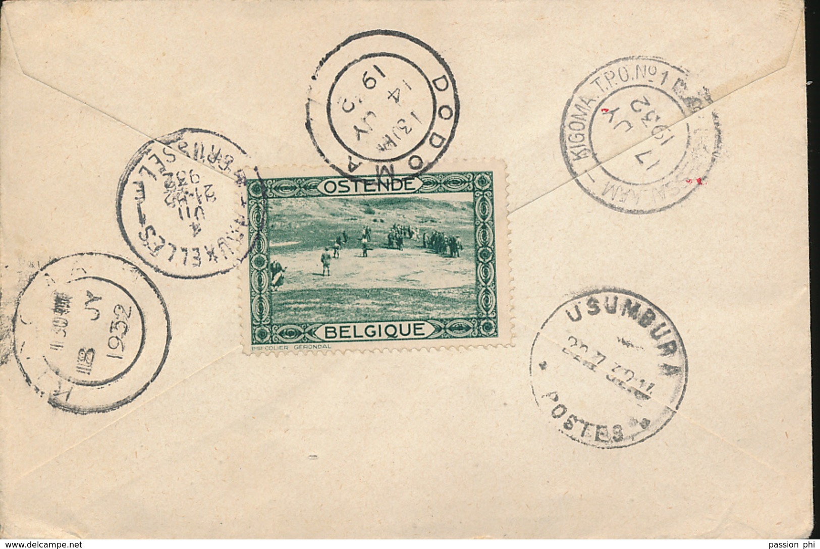 RUANDA URUNDI INCOMING MAIL BY AIR VIA JUBA FROM WETEREN 04.07.1932 TO USUMBURA NICE LABEL OF OOSTENDE ON THE BACK - Lettres & Documents