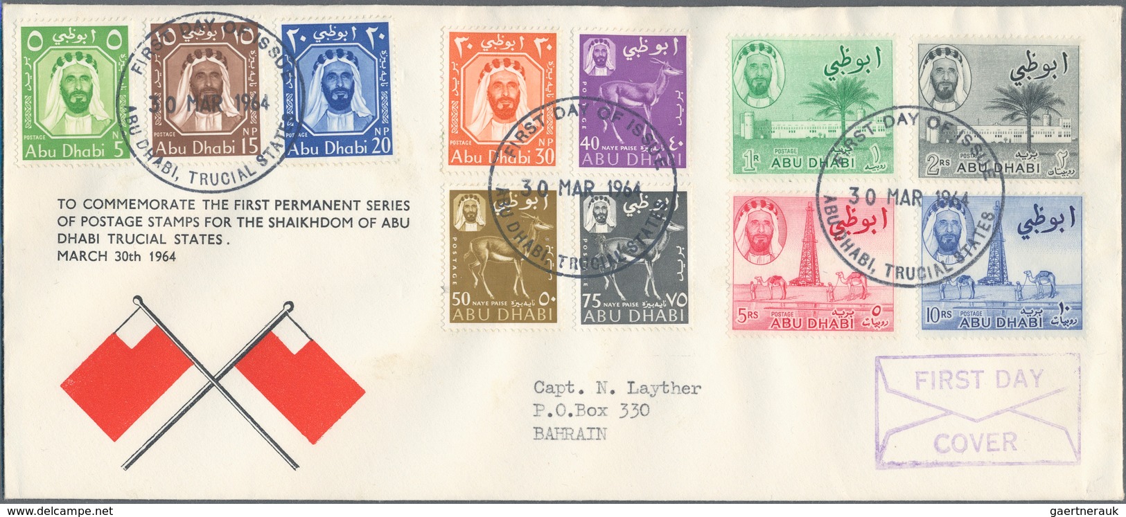 Abu Dhabi: 1963/71, Covers (4 Inc. First Definitives Cpl. Set FDC, Resp. Cto 1965) And Mint/cto Airl - Abu Dhabi