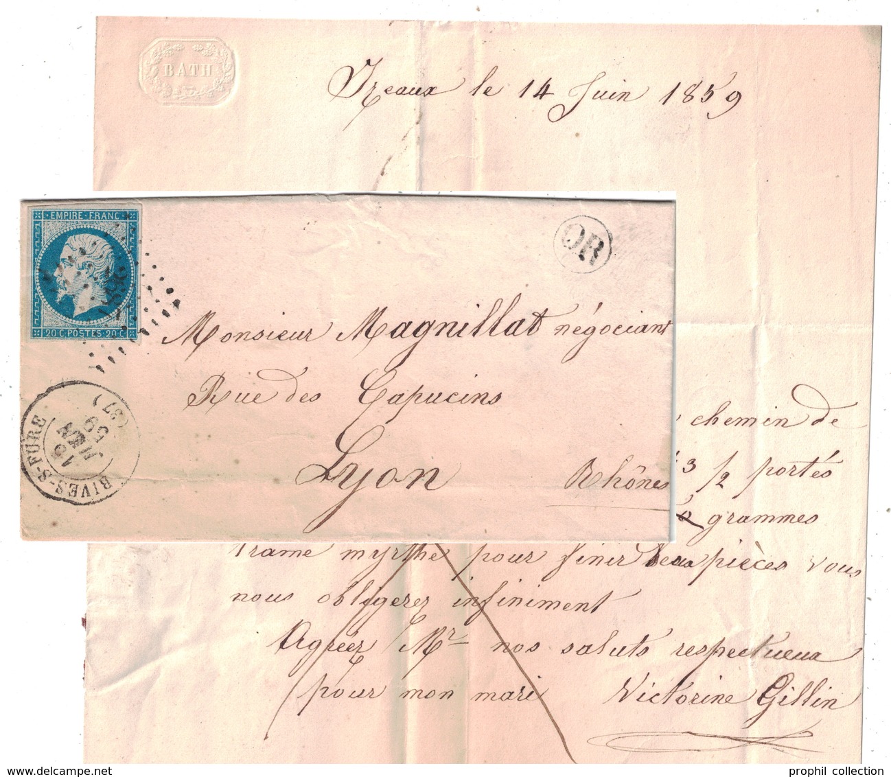 1859 - CACHET OR ORIGINE LOCALE De IZEAUX + CAD RIVES-SUR-FURE (ISERE) Sur LETTRE LAC Pour LYON OBLITERATION PC 2687 - 1849-1876: Période Classique